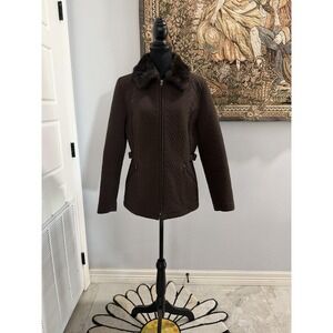 Gallery Jacket Womens Medium Brown Quilted Faux Fur Collar Zip Pockets Side Tabs